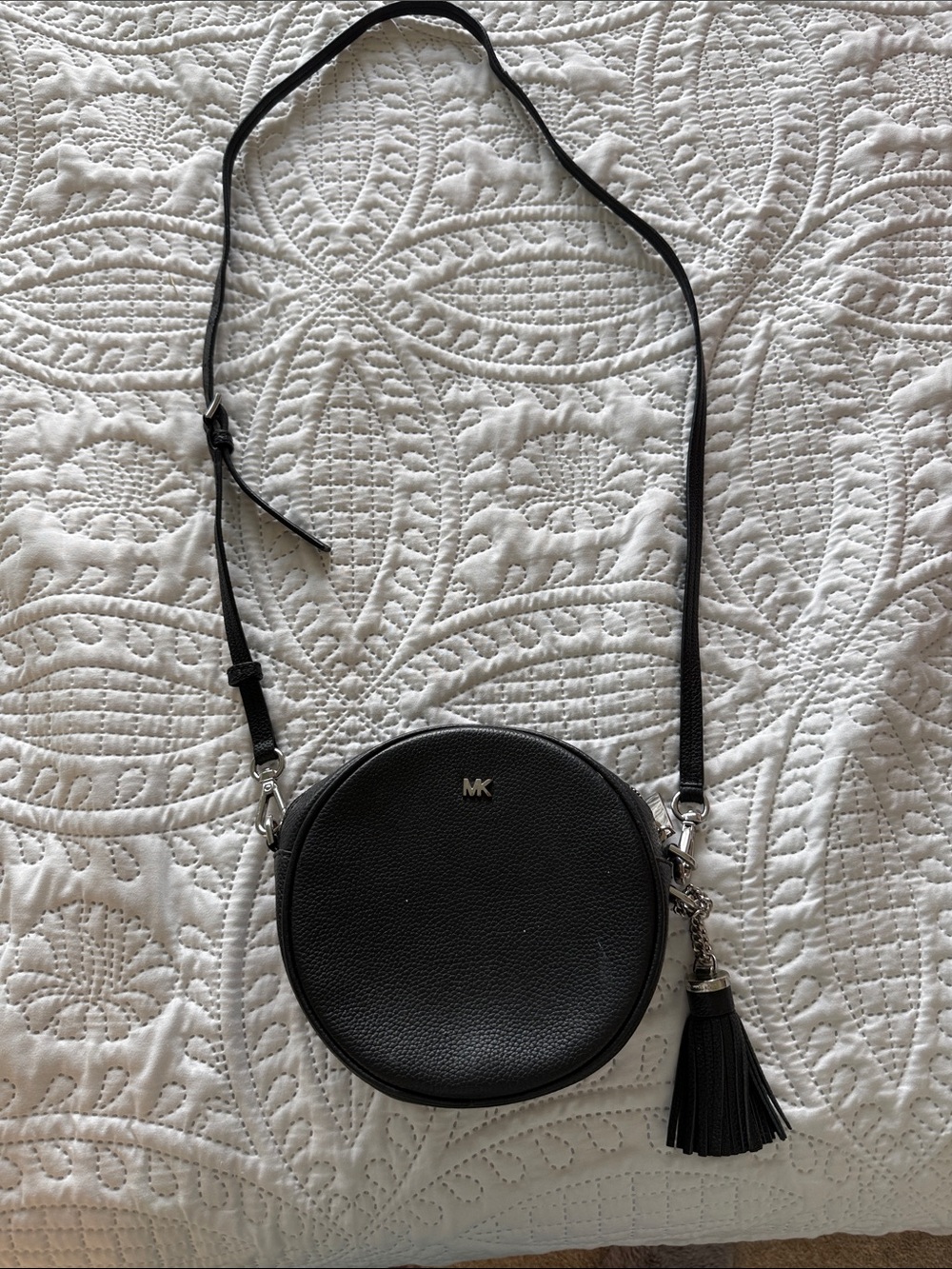Michael Kors Black Pebbled Leather Round Crossbody with Tassel